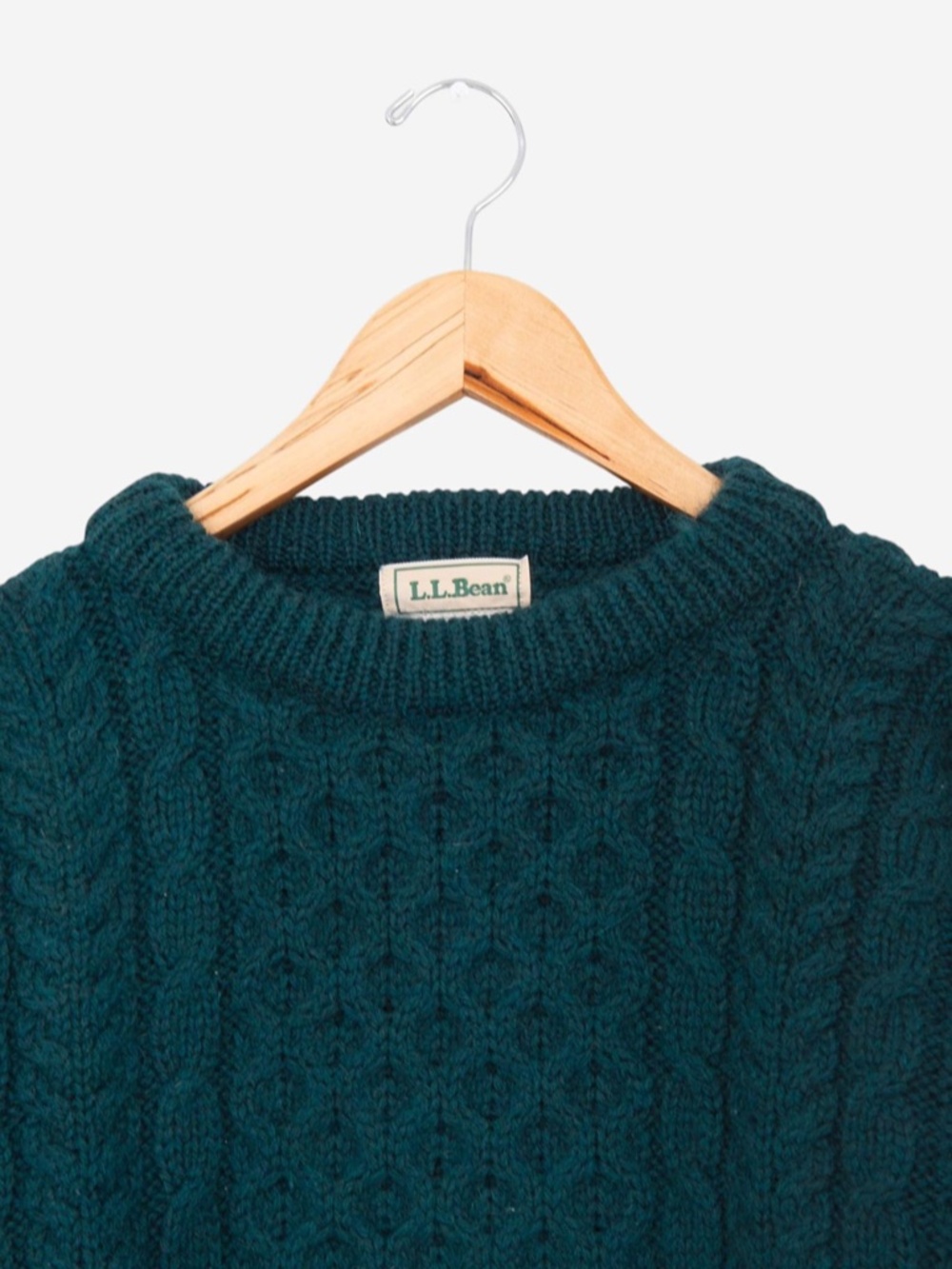 vintage 80s l.l. bean teal cable knit irish wool pullover fisherman sweater - Picture 2 of 5